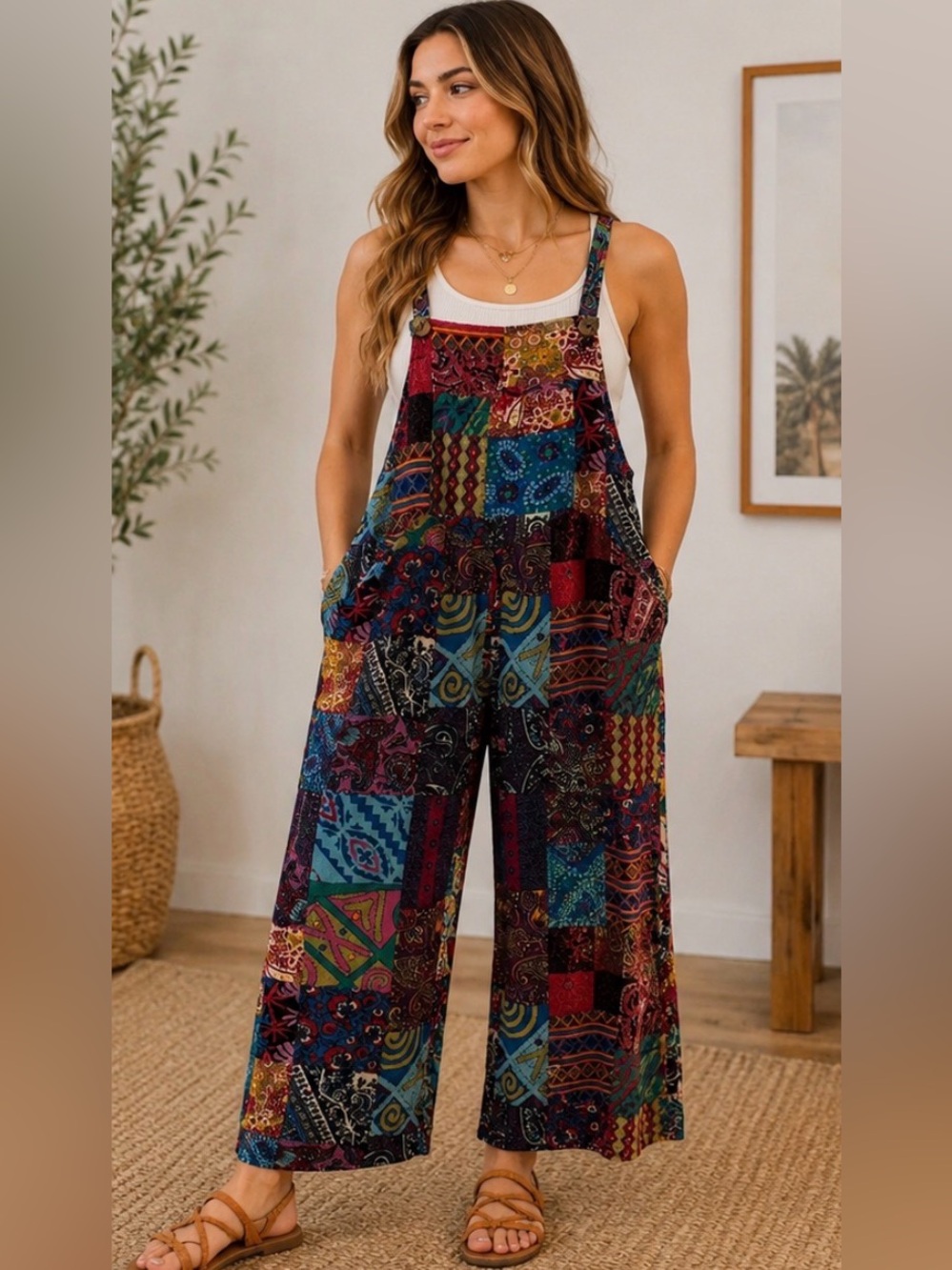15 SHEIN Multicolor Patchwork Wide Leg Jumpsuit Boho Festival Romper Adjustable